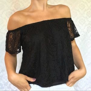 Black Lace Off The Shoulder Short Crop Top